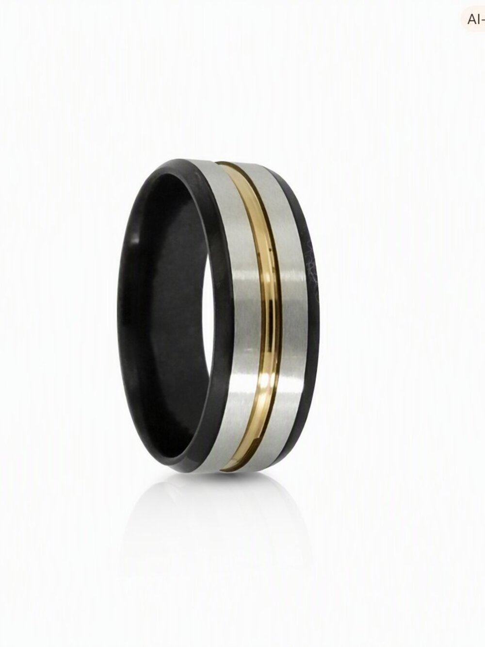 Size 10 Black Stainless Steel Wedding Band – Gold & Silver Accent Ring